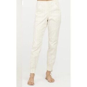 SPANX Stretch Twill Cargo Joggers Pants Large Cream Pull On Zip Ankle Slimming